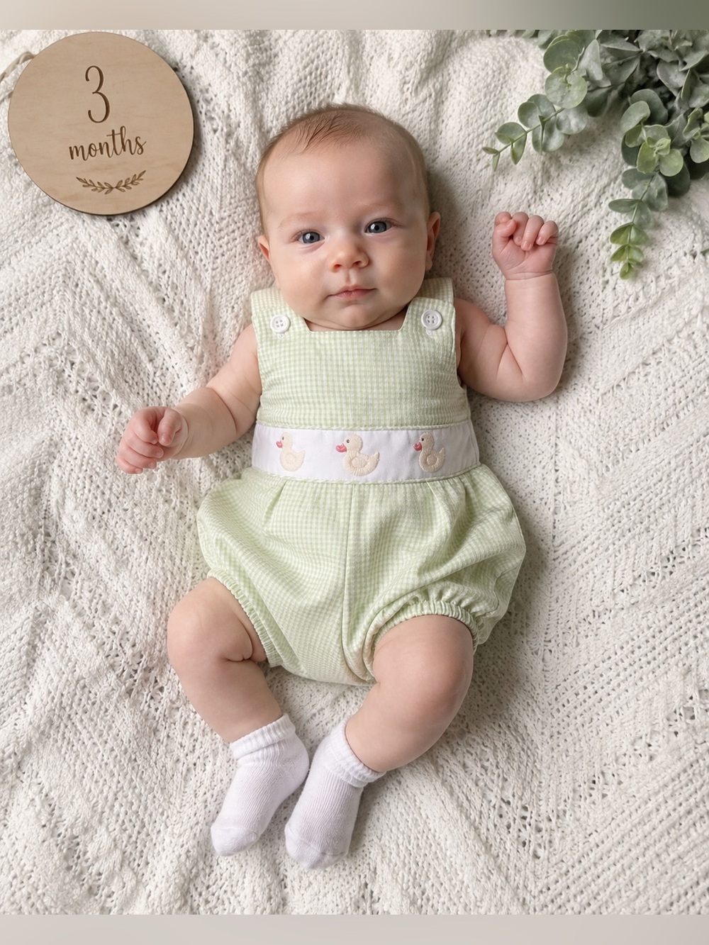 Baby Green Duck Embroidered Gingham Romper
